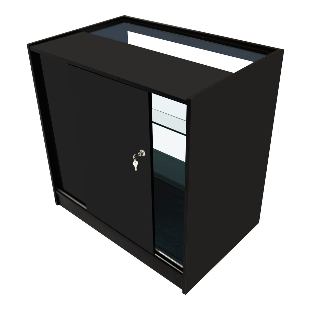 Bancone negozio Calliope LED K900, C900 & LM60 in nero, con ante scorrevoli, ripiani in vetro e finitura lucida elegante