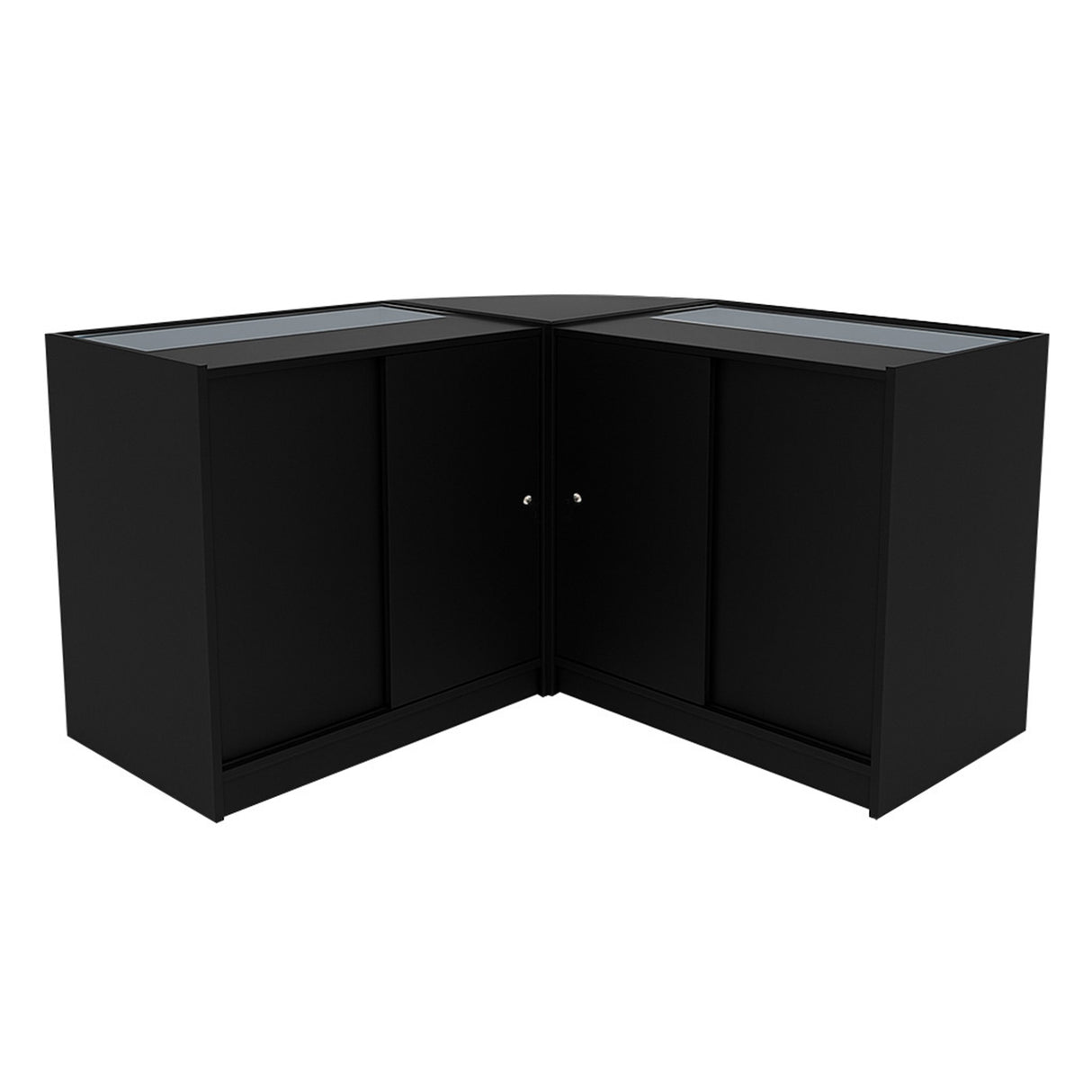 Set banconi negozio Calliope in nero, design angolare con ripiani in vetro, elegante e moderno, ideale per esposizione prodotti