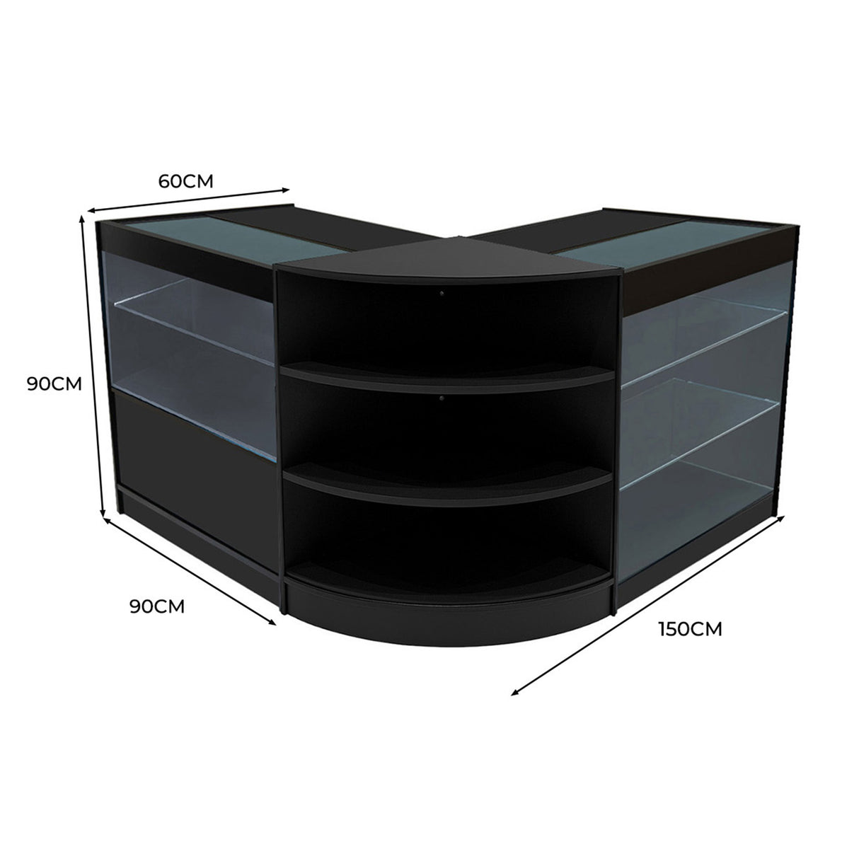 Bancone negozio Calliope in nero, design angolare con ripiani trasparenti e illuminazione LED, misure 150x90x60 cm