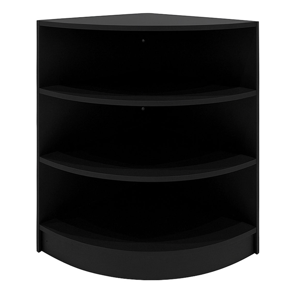 Set banconi negozio Calliope in nero, design angolare con tre ripiani aperti, finitura liscia e moderna, ideale per esposizione prodotti