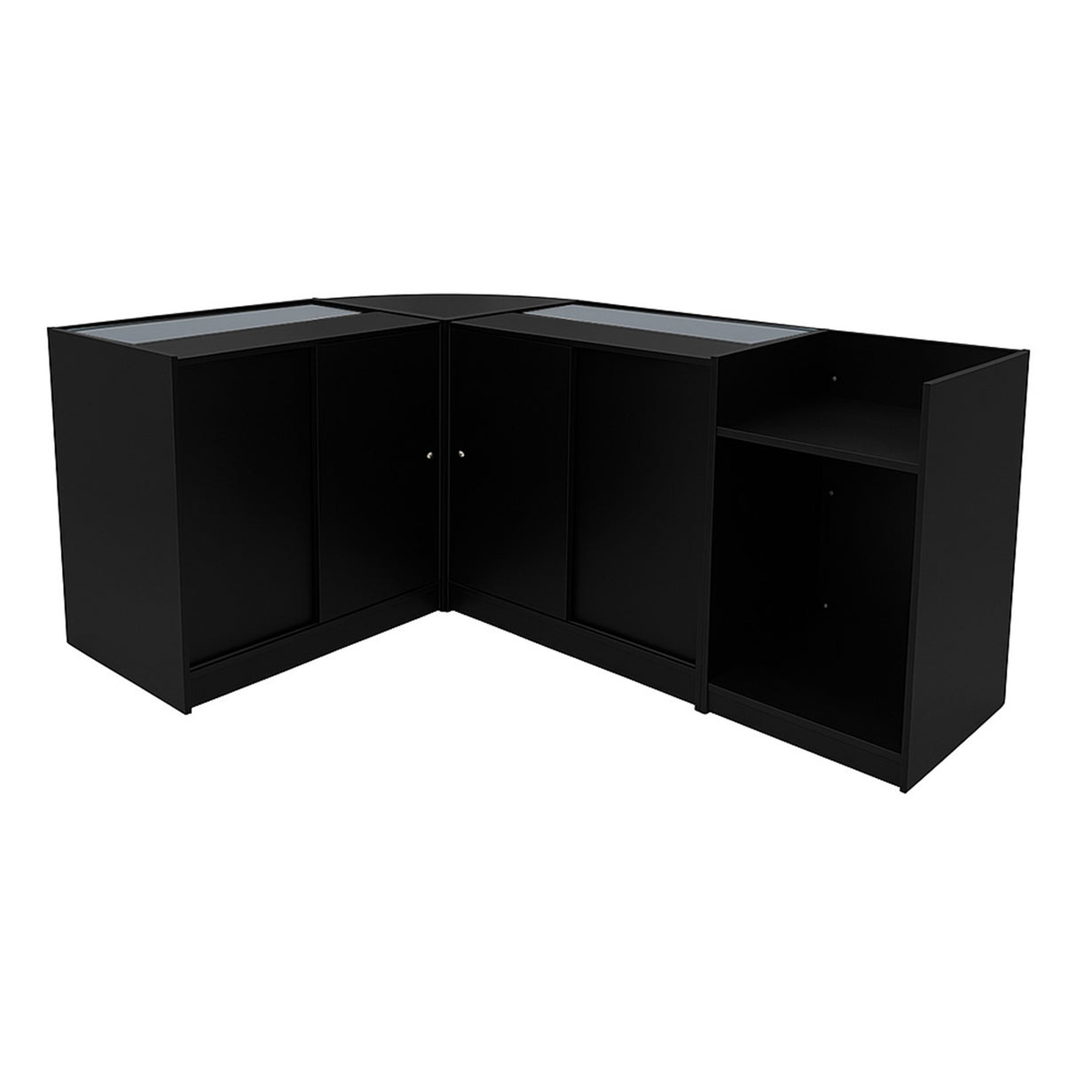 Set banconi negozio Luna LED nero, design angolare, con finitura liscia, ante in vetro e spazi di stoccaggio pratici e moderni