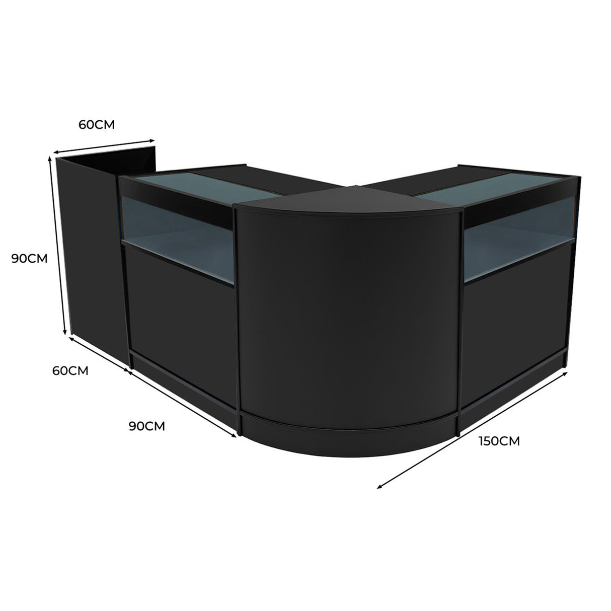 Set banconi negozio Luna LED nero, design moderno con superfici lucide, vetro trasparente e dimensioni di 150x90x60 cm