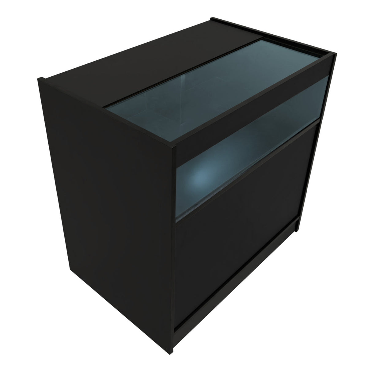 Bancone negozio Luna LED nero con superficie in vetro trasparente, design moderno e linee pulite, ideale per esposizione prodotti