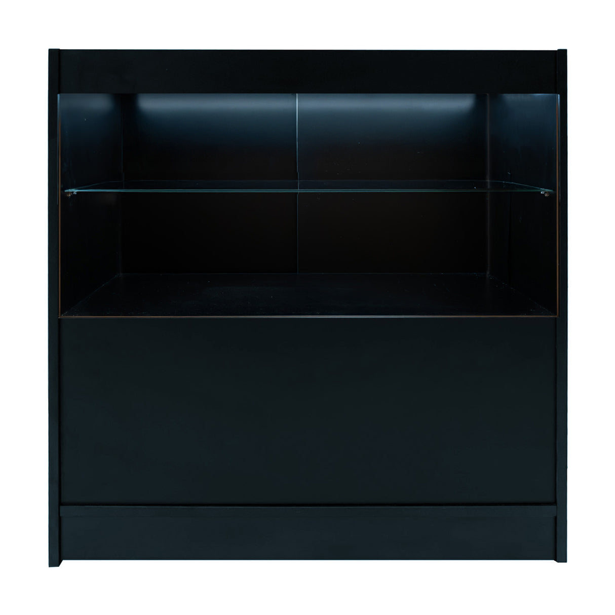 Set banconi negozio Phoenix LED nero, struttura elegante con ripiano in vetro, design moderno e finitura liscia, illuminazione integrata