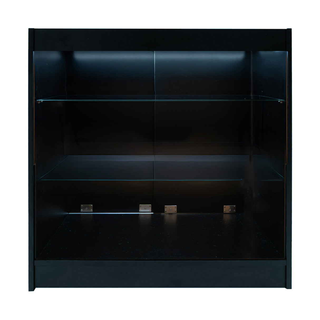 Set banconi LED Aries in nero, con ripiani in vetro trasparente e illuminazione interna, design elegante e moderno per spazi commerciali