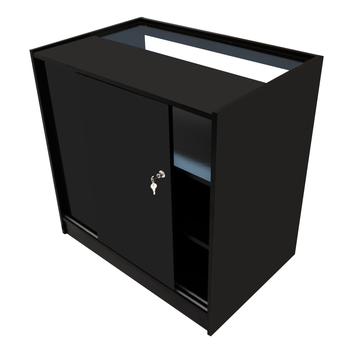 Bancone Gravity LED B900, C900, TB60 e CM60 in nero, con finitura lucida, ante scorrevoli e ripiani interni per un design elegante e funzionale