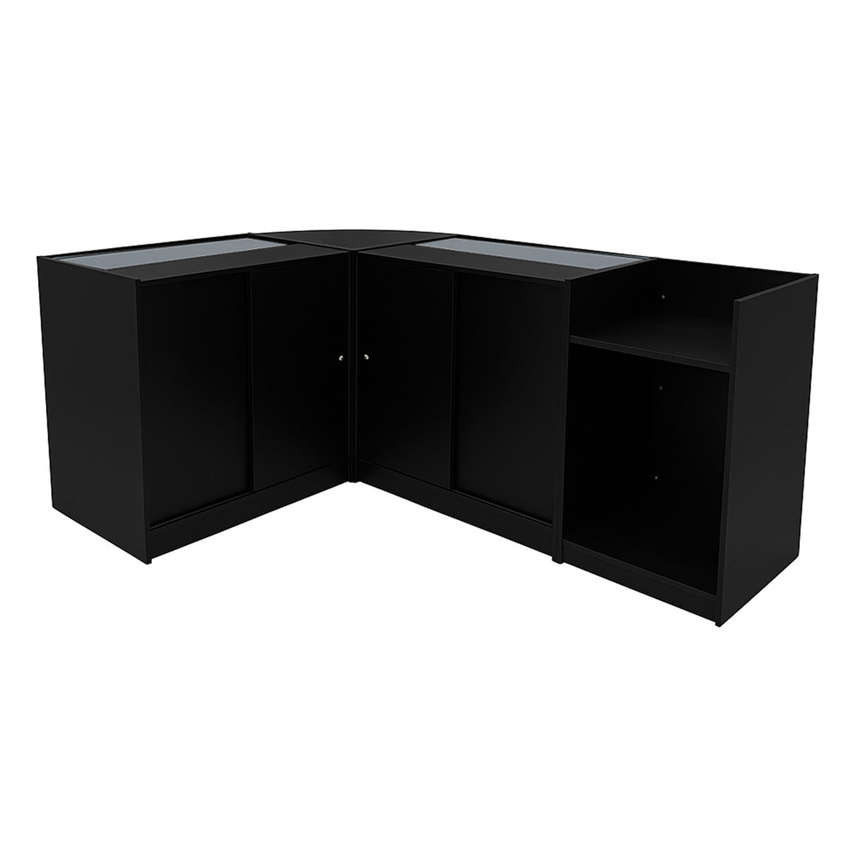 Set di banconi angolari Gravity LED in nero, con finitura liscia, ante in vetro e spazi di stoccaggio ampi e funzionali