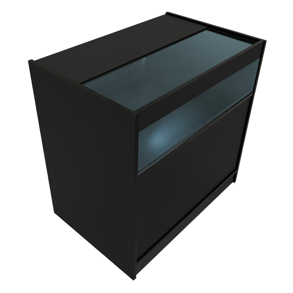 Set banconi Gravity LED in nero, con superficie liscia e vetro trasparente, ideale per esposizione e arredamento moderno