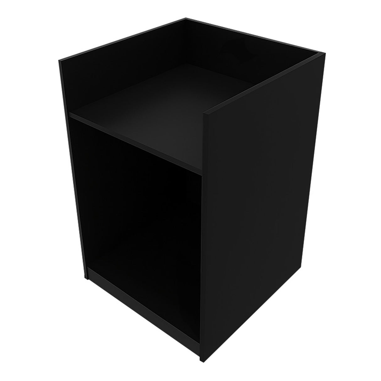 Set banconi Gravity LED in nero, design minimalista con finitura opaca, struttura robusta e spazi aperti per esposizione e stoccaggio