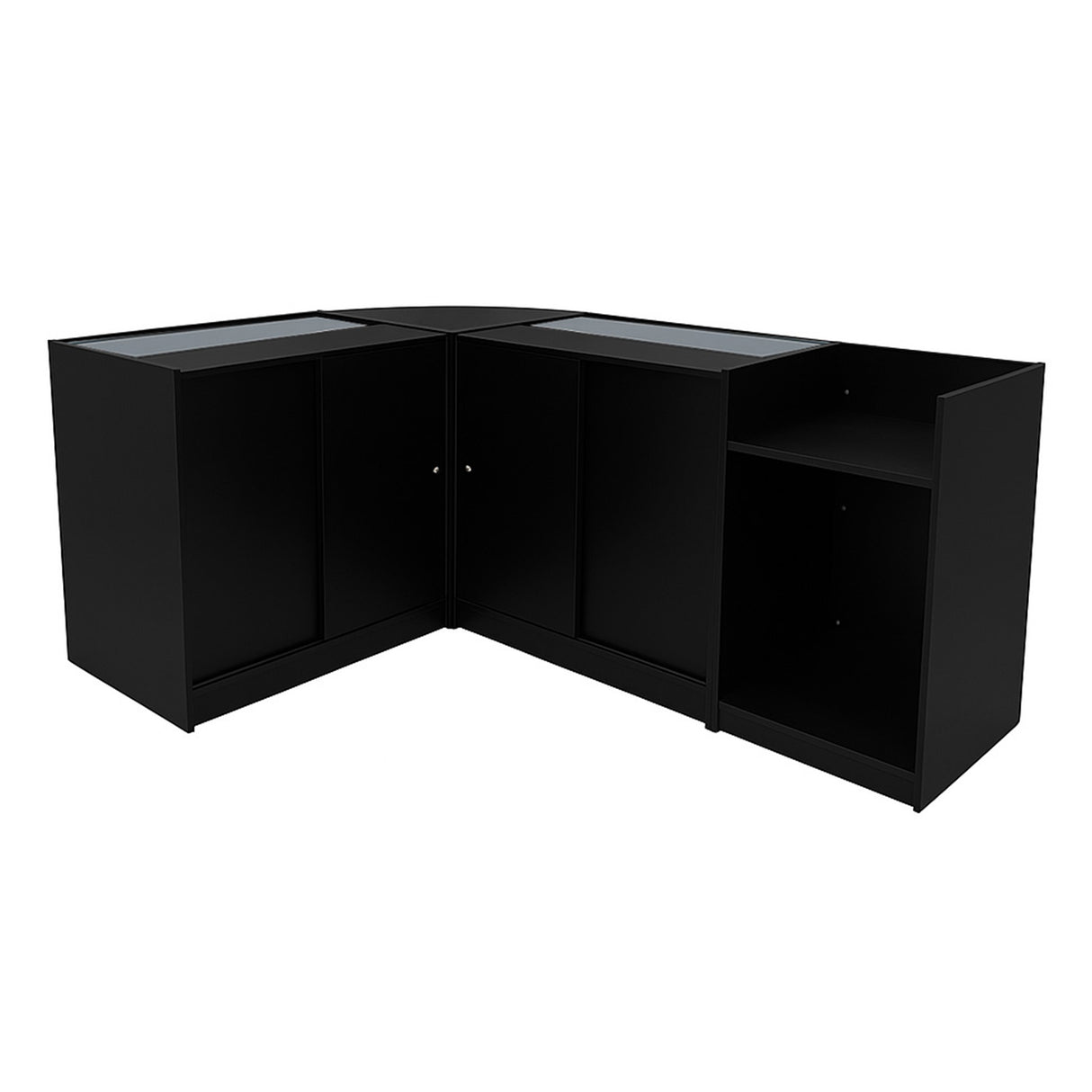 Set banconi negozio Polaris in nero, con finitura lucida, angolare, dotato di ripiani in vetro e armadietti per esposizione e stoccaggio