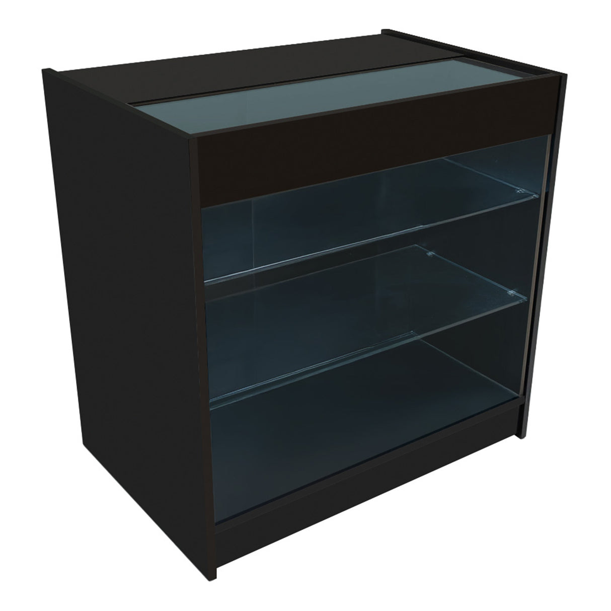 Bancone negozio Polaris in nero, con struttura elegante, ripiani in vetro trasparente e superficie superiore liscia e moderna