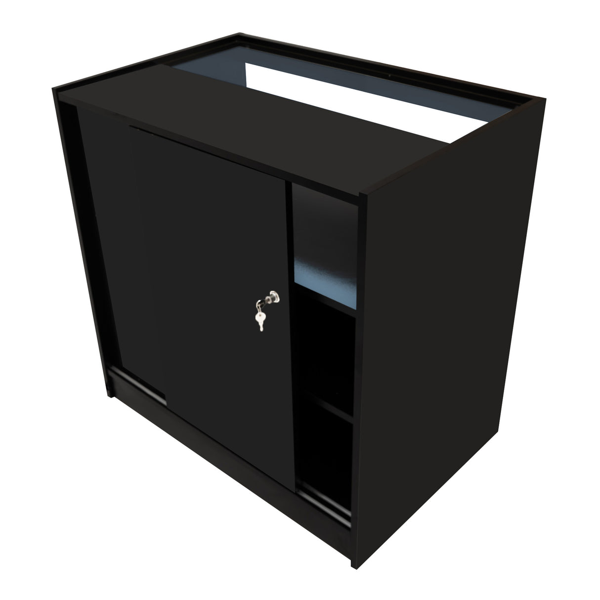 Set banconi LED Sagittarius in nero, con ante scorrevoli, ripiani interni e finitura lucida, ideale per spazi moderni e funzionali