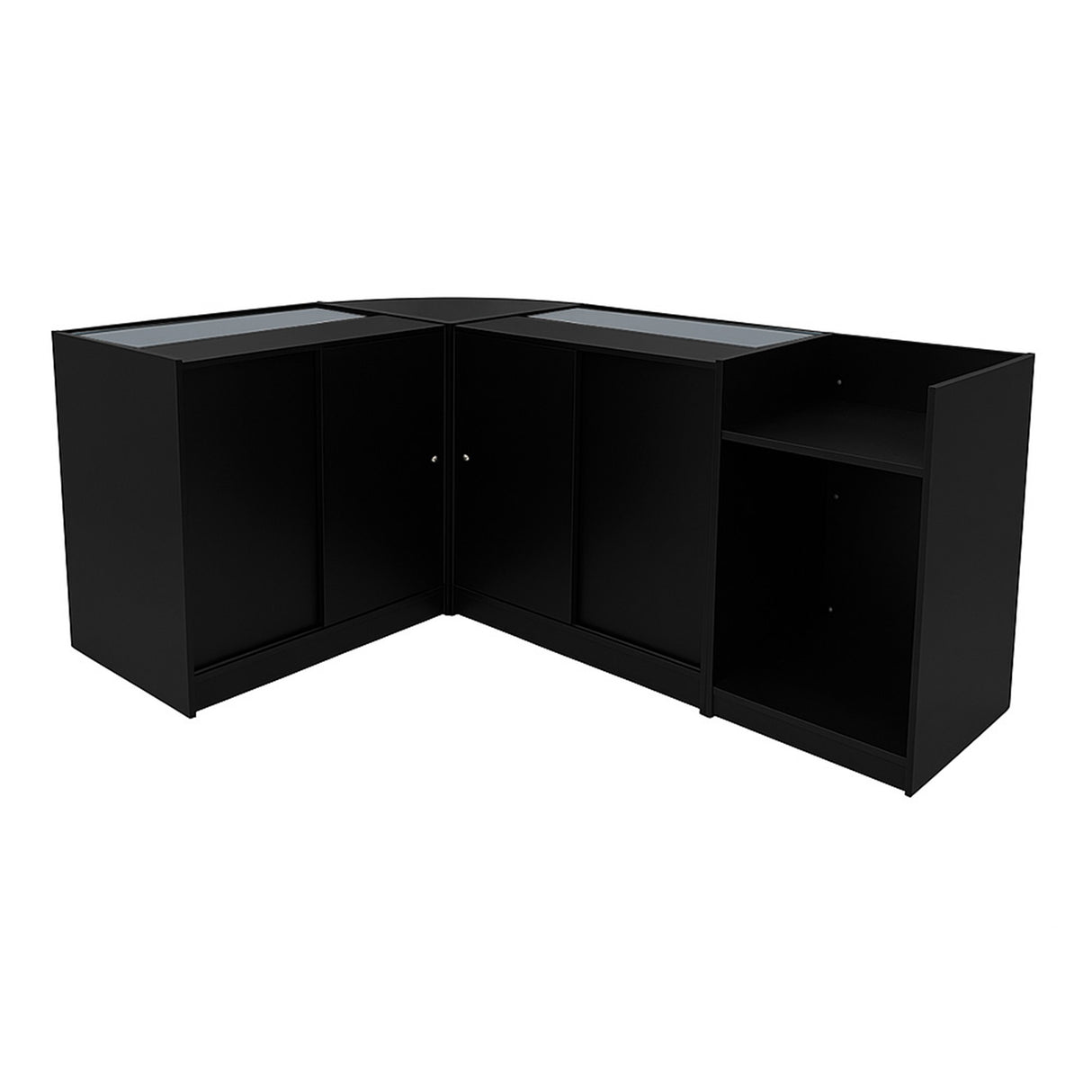 Set banconi angolari LED Sagittarius in nero, con finiture lucide e spazi di stoccaggio, design moderno e funzionale