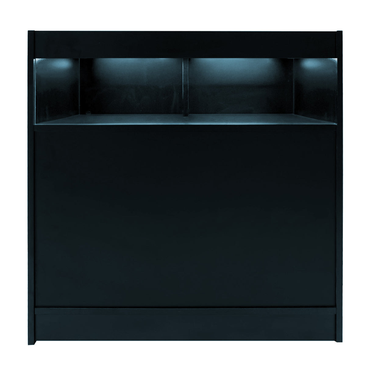 Set banconi LED Sagittarius in nero, con illuminazione blu, design moderno e superficie liscia, ideale per eventi e locali