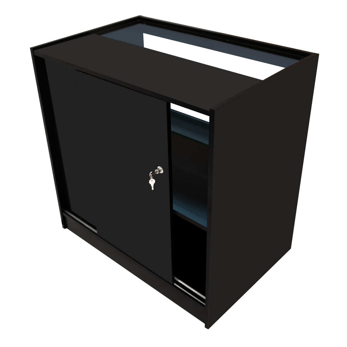 Set banconi neri con illuminazione LED, design moderno, superficie liscia, ante scorrevoli e ripiani interni per un'ottima organizzazione