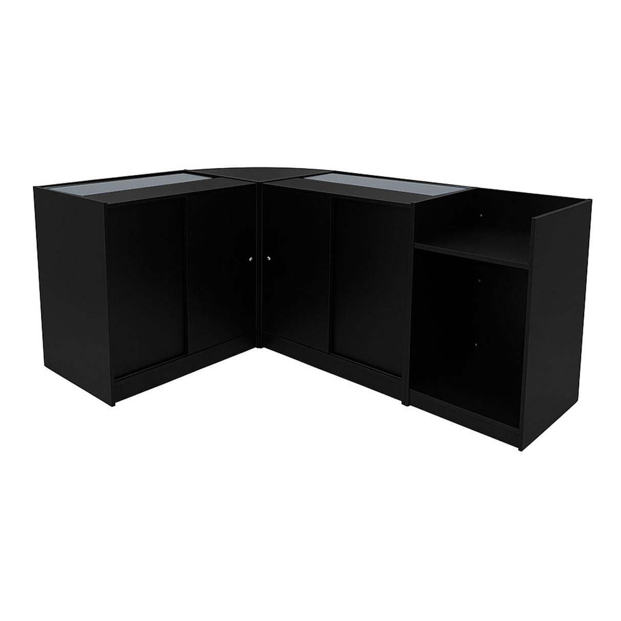 Set di banconi neri con illuminazione LED, design angolare, superfici lisce e ripiani in vetro, perfetti per esposizioni eleganti