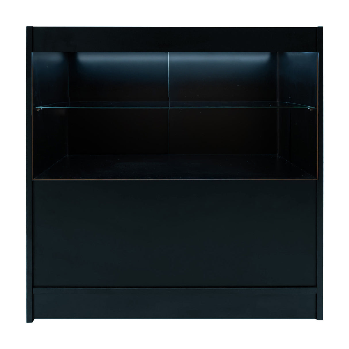 Bancone nero con illuminazione LED, design elegante e moderno, superficie liscia e ripiano in vetro trasparente per esposizione