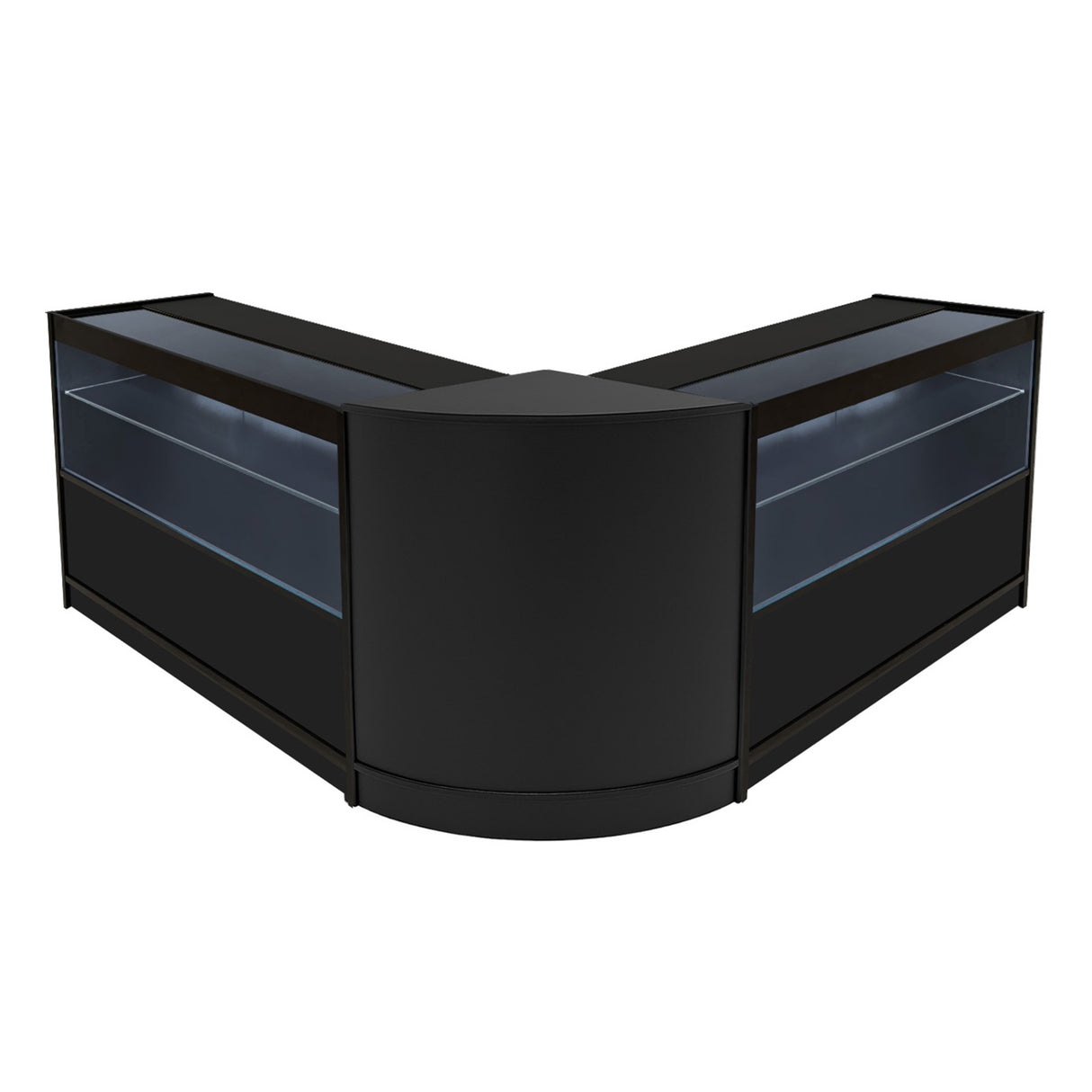 Set di banconi angolari Selene in nero con illuminazione LED, caratterizzati da linee moderne e superfici lucide e trasparenti