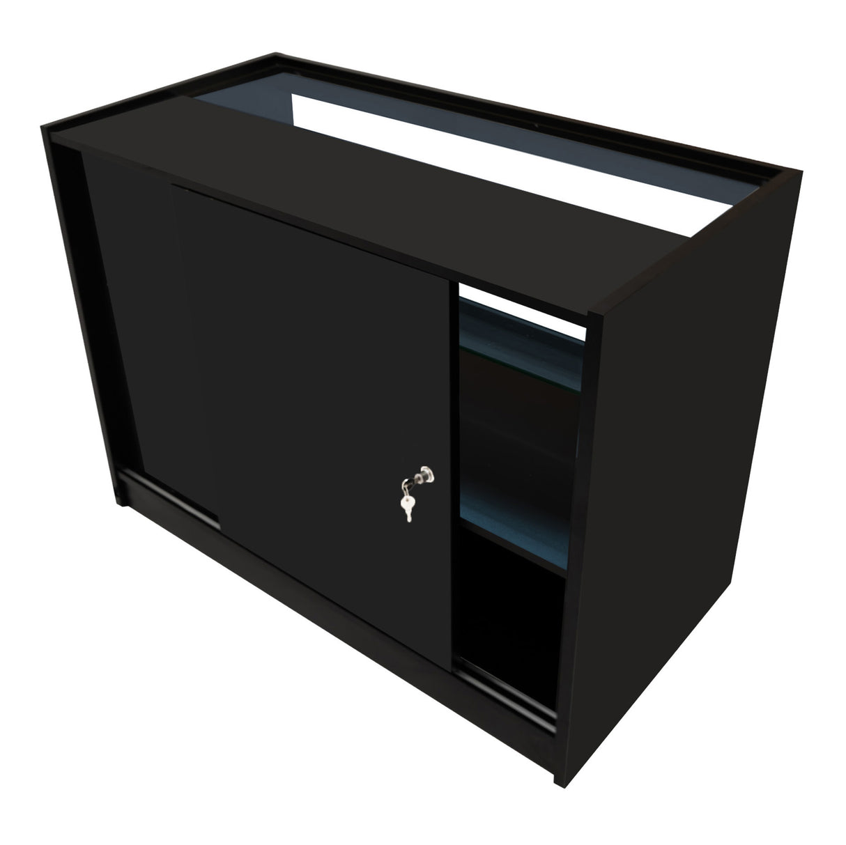 Set banconi Selene in nero con illuminazione LED, design angolare, ante scorrevoli e ripiani interni per un'ottima organizzazione