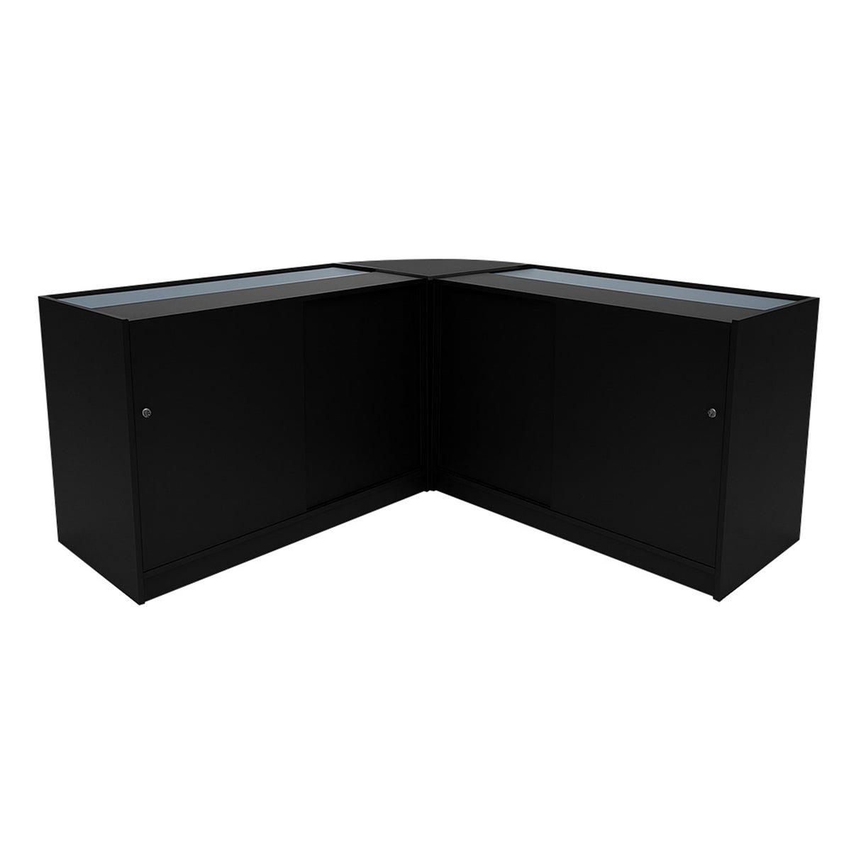 Set banconi angolare Selene in nero con illuminazione LED, design moderno e superfici lisce, ideale per spazi commerciali eleganti