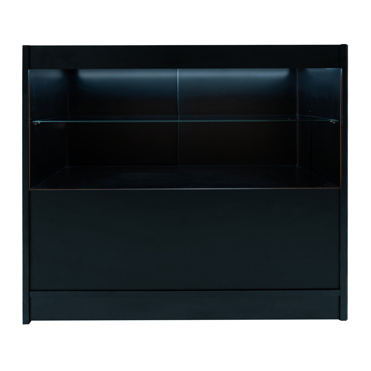 Set banconi Selene in nero con illuminazione LED, design elegante, superficie liscia e ripiano in vetro trasparente per esposizione