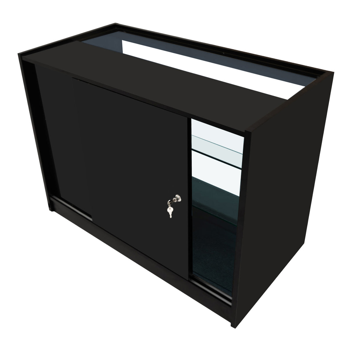 Set bancone Hera LED in nero, con ante scorrevoli, ripiani in vetro e illuminazione integrata per un design elegante e moderno