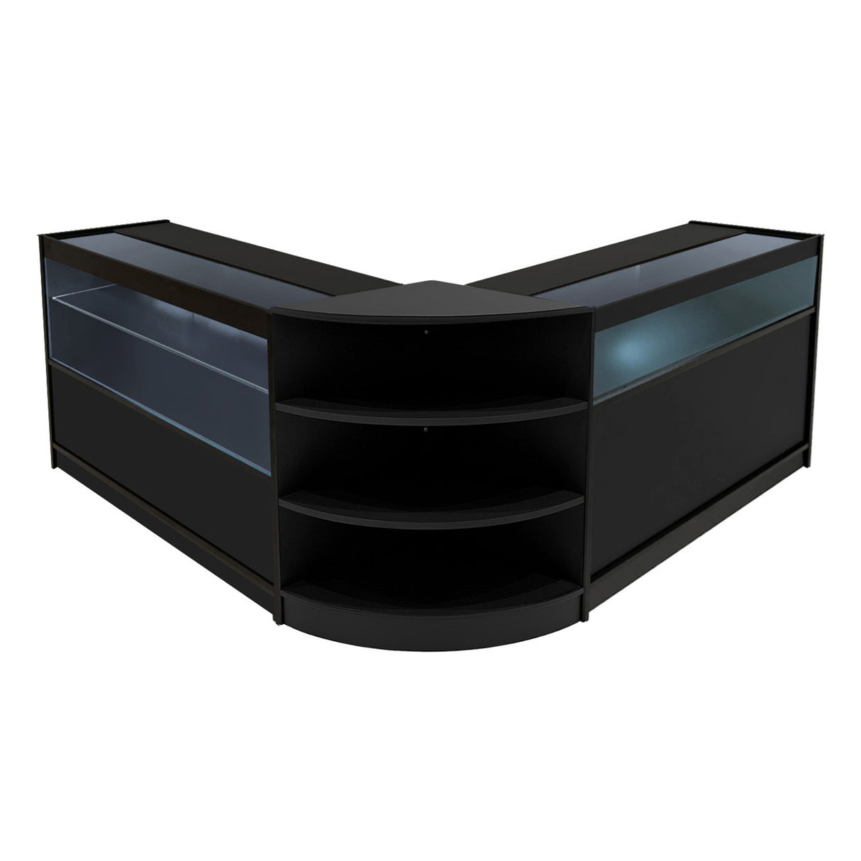 Set di banconi LED Harmonia in nero, con ripiani curvi e superfici in vetro, ideale per esposizioni eleganti e moderne