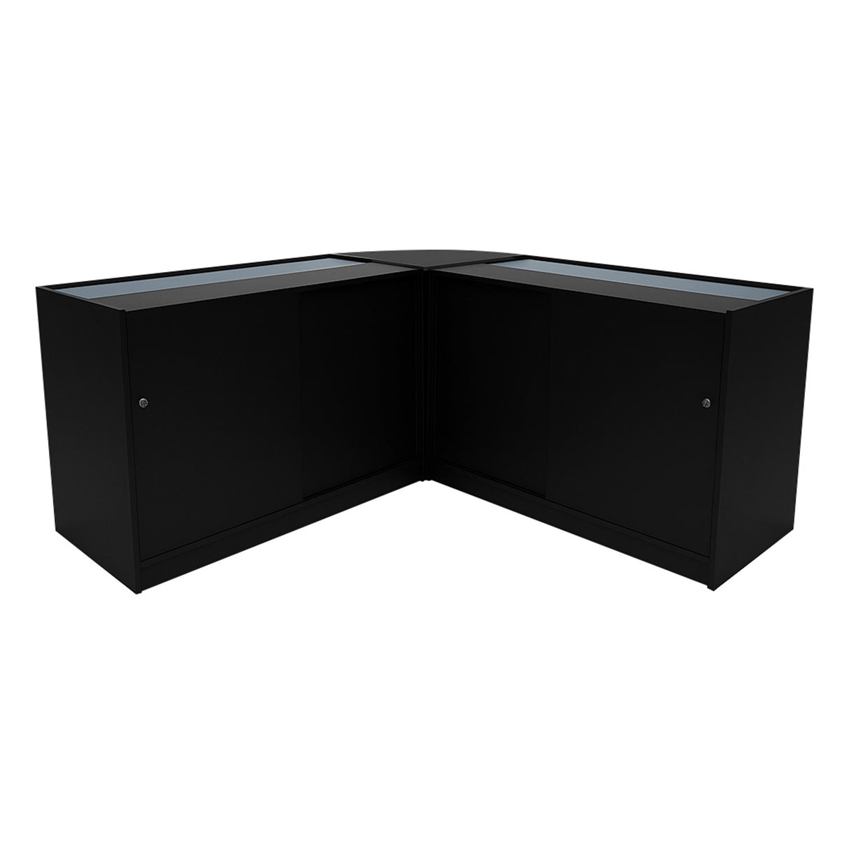 Set banconi angolari LED Harmonia in nero, con finitura liscia e ante in vetro, ideale per spazi moderni e funzionali