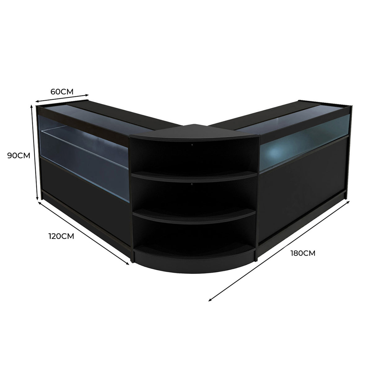 Set banconi LED Harmonia in nero, design angolare con ripiani e vetrine, dimensioni 180x120x90 cm, elegante e moderno