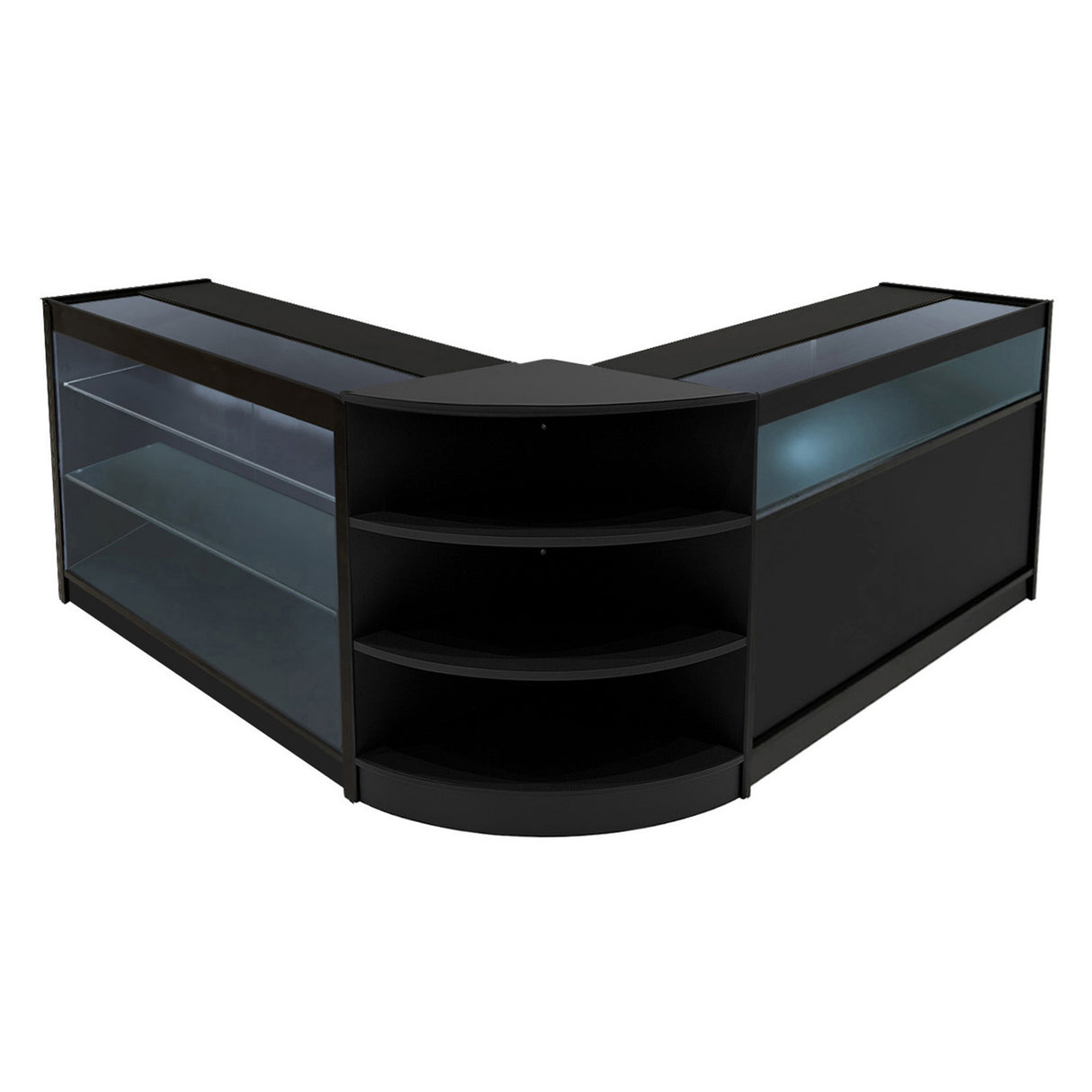 Set banconi LED Demeter in nero, design angolare con ripiani trasparenti e finiture eleganti, ideale per esposizione prodotti