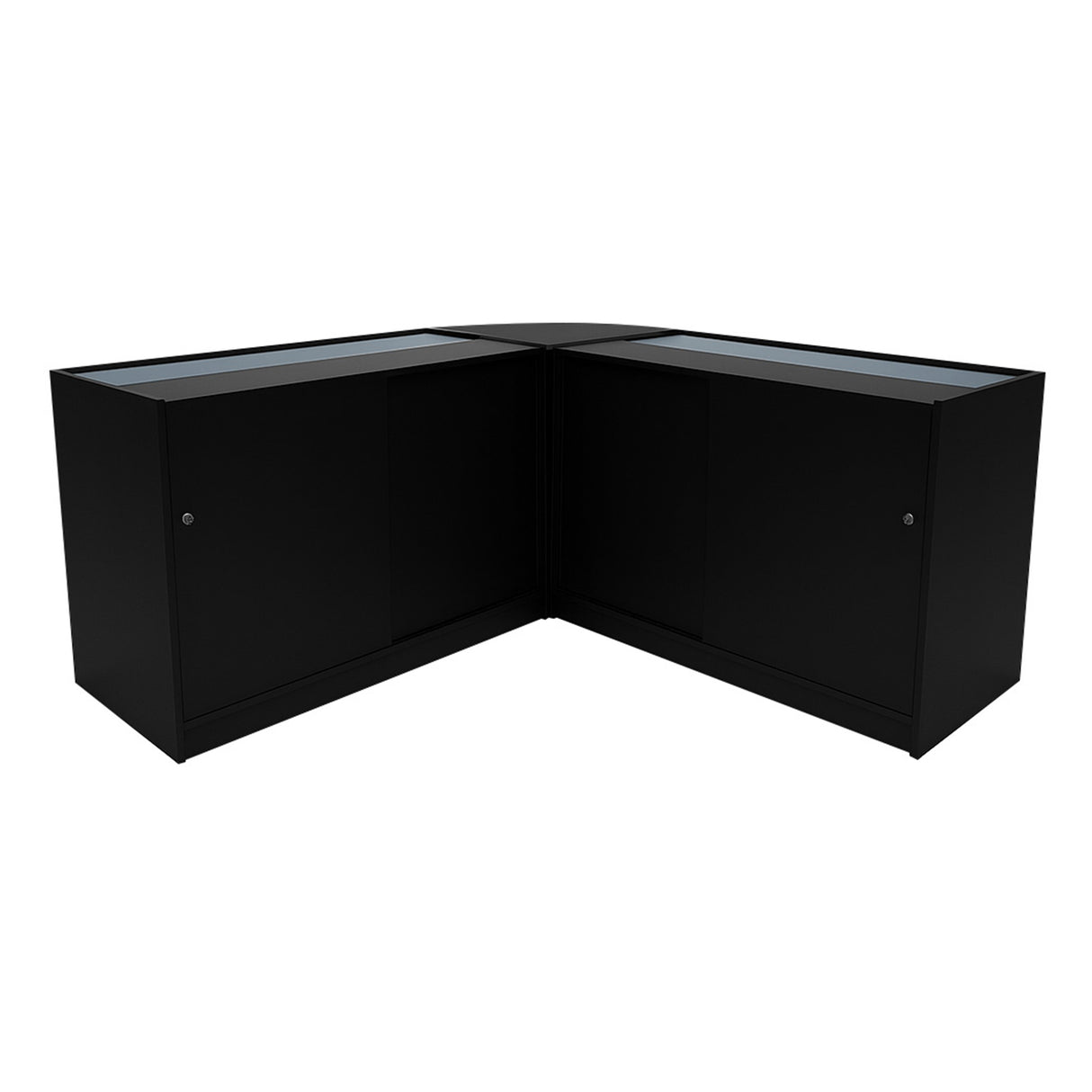 Set banconi LED Demeter in nero, design angolare con finitura liscia, ante in vetro e struttura moderna, ideale per spazi eleganti