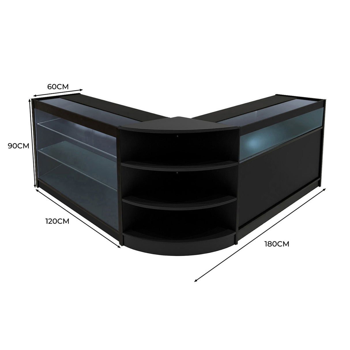 Set banconi LED Demeter in nero, design angolare con ripiani in vetro, misure 180x120x90 cm, elegante e moderno per esposizione