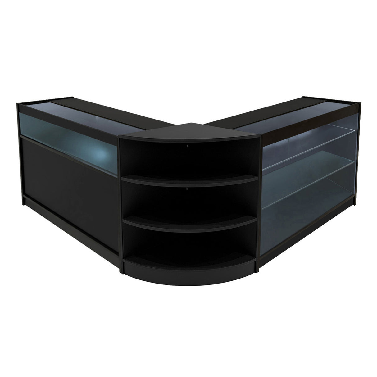 Set banconi negozio Calliope in nero, design angolare con ripiani trasparenti e illuminazione LED, elegante e moderno per esposizione prodotti