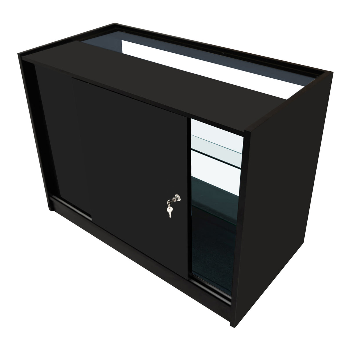Bancone negozio Calliope in nero, con finitura lucida, ante scorrevoli e ripiani in vetro, design moderno e elegante per esposizione prodotti