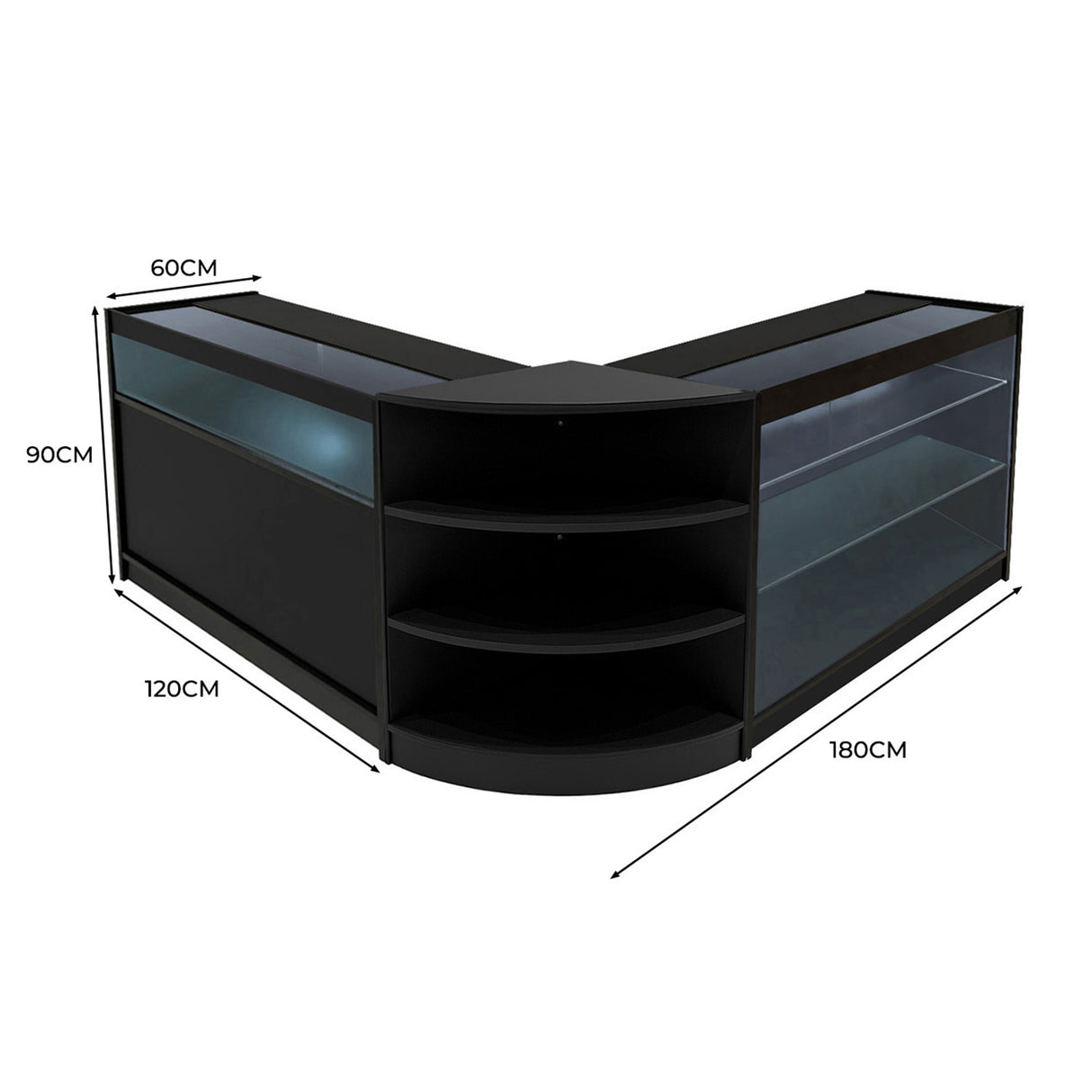 Banconi negozio Calliope in nero, design angolare con ripiani in vetro, dimensioni 180x120x90 cm, elegante e moderno