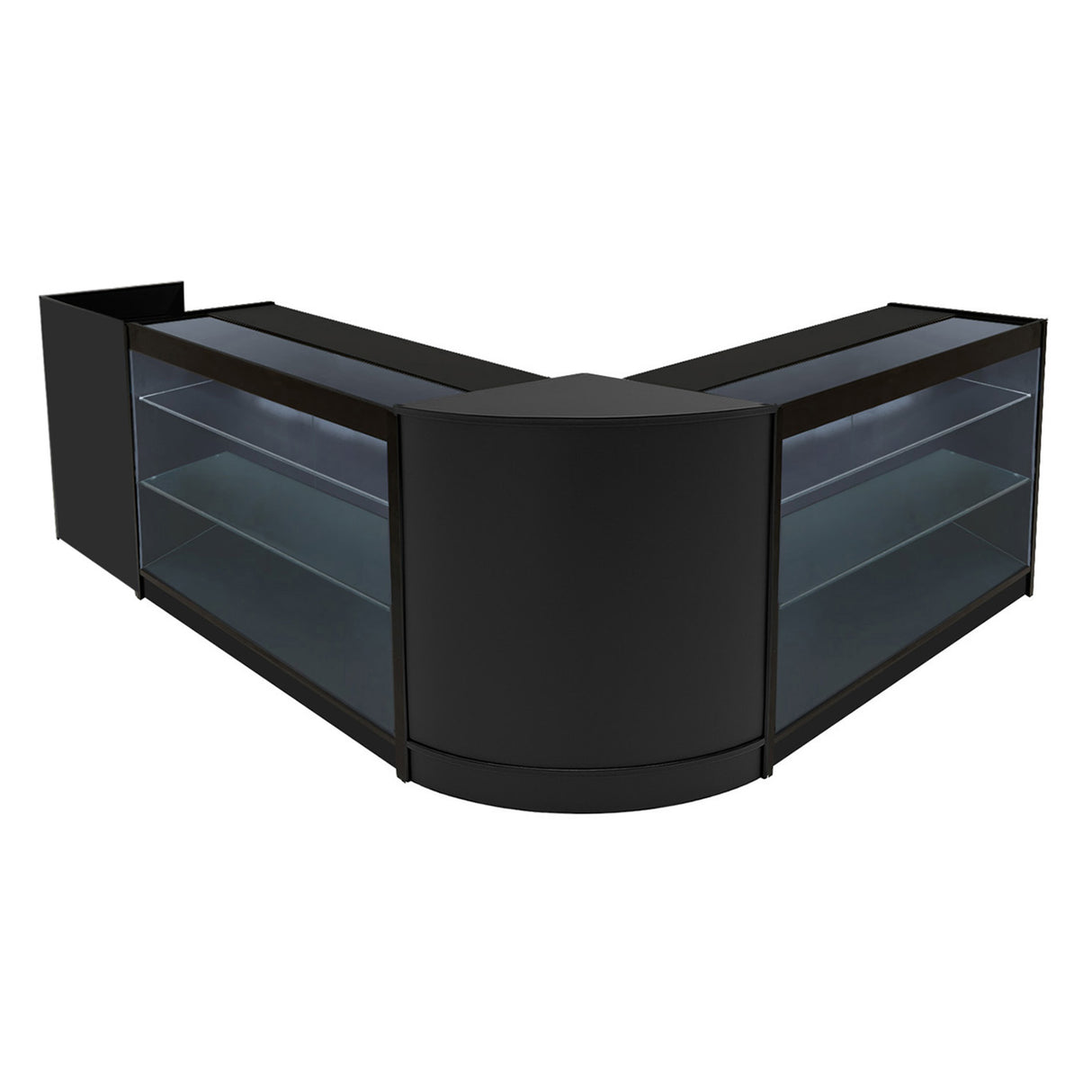 Set banconi LED Aries in nero, composto da CM60, TB60 e 2 x K1200, con ripiani in vetro e illuminazione elegante per esposizione prodotti