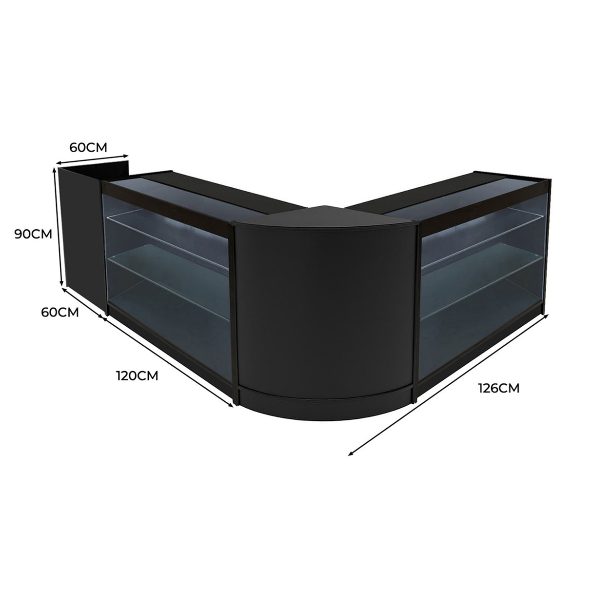 Set banconi LED Aries in nero, con ripiani in vetro, design moderno e angolare, misure 60x120x90 cm, ideale per esposizione prodotti