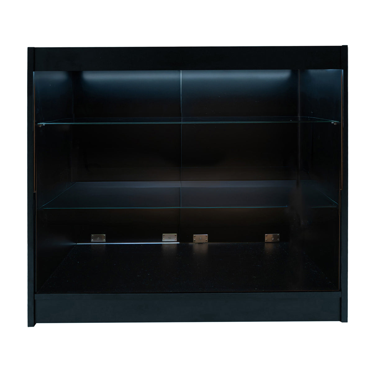 Set banconi LED Aries in nero, con ripiani in vetro trasparente e illuminazione interna, design moderno e elegante per esposizione prodotti