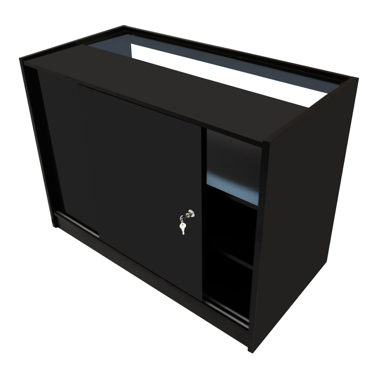 Set banconi Gravity LED in nero, con ante scorrevoli e ripiani interni, design moderno e finitura lucida per un aspetto elegante