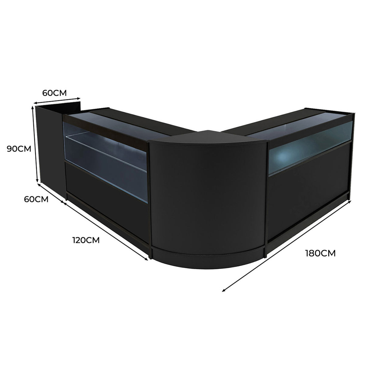 Set di banconi Gravity LED in nero, design elegante e moderno, dimensioni 180x120x90 cm, con superfici lisce e trasparenti
