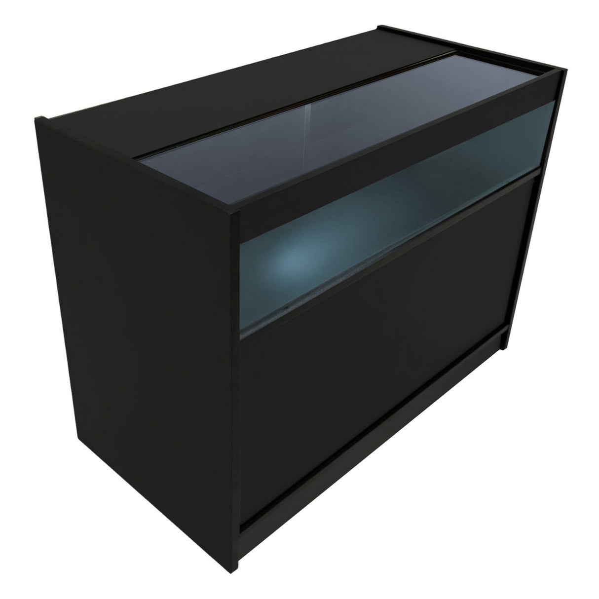 Set banconi Gravity LED in nero, con finitura opaca, vetro trasparente e illuminazione LED integrata per un design moderno ed elegante