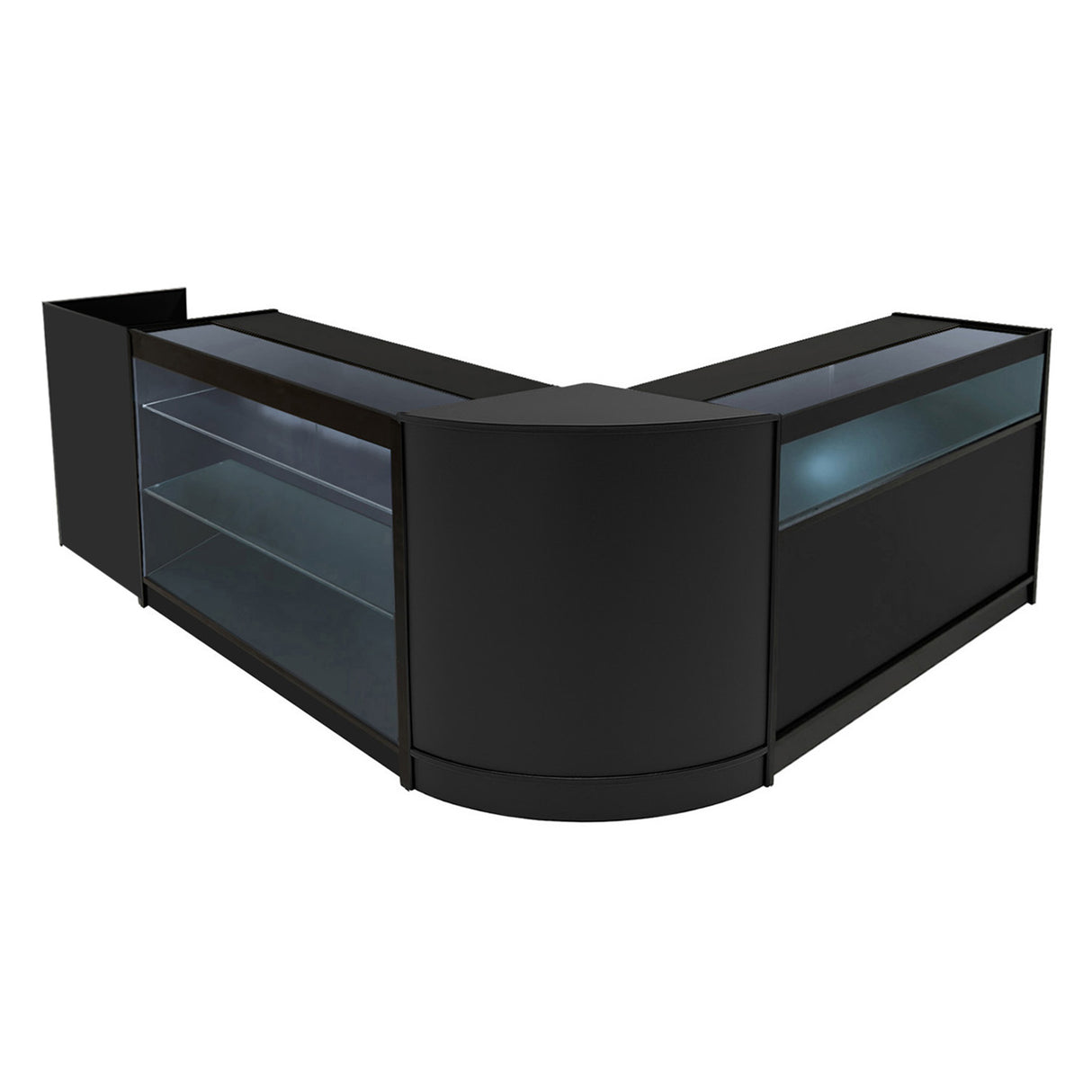 Set banconi negozio Polaris LED in nero, design elegante con ripiani in vetro e illuminazione integrata, ideale per esposizione prodotti