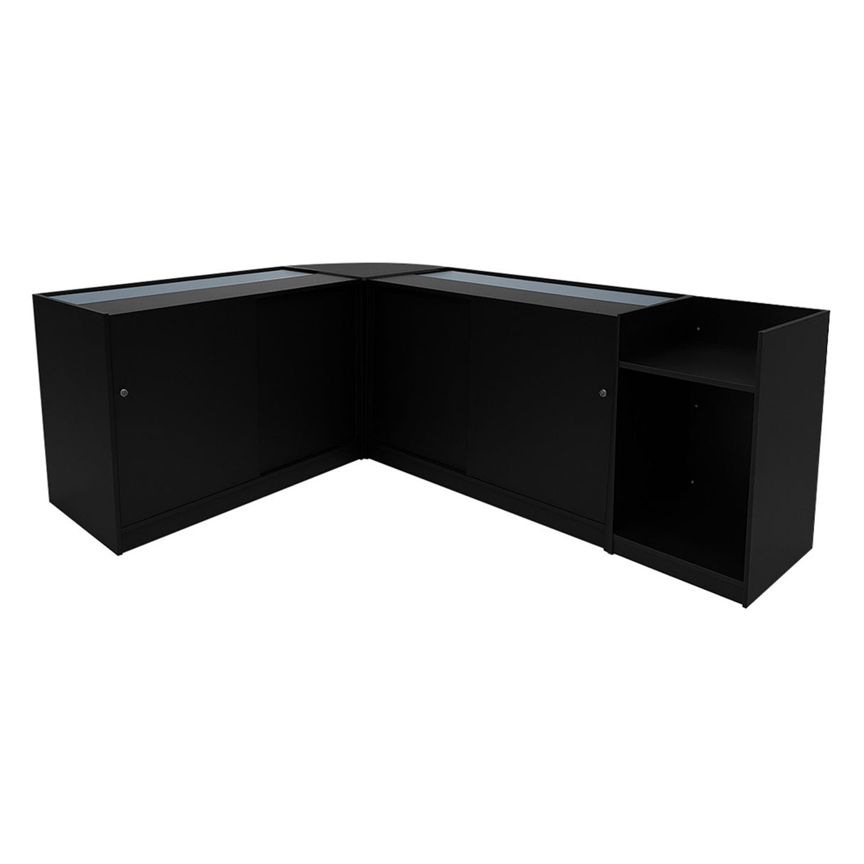 Set banconi negozio Polaris LED in nero, con finitura liscia, ante in vetro e design angolare per ottimizzare lo spazio espositivo