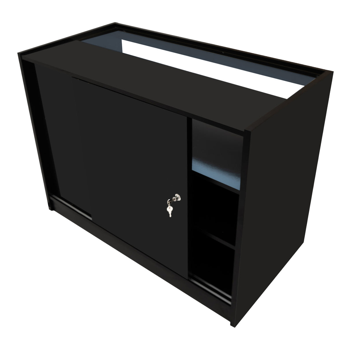 Set banconi LED Sagittarius in nero, con finitura liscia, ante scorrevoli e ripiani, ideale per spazi moderni e funzionali