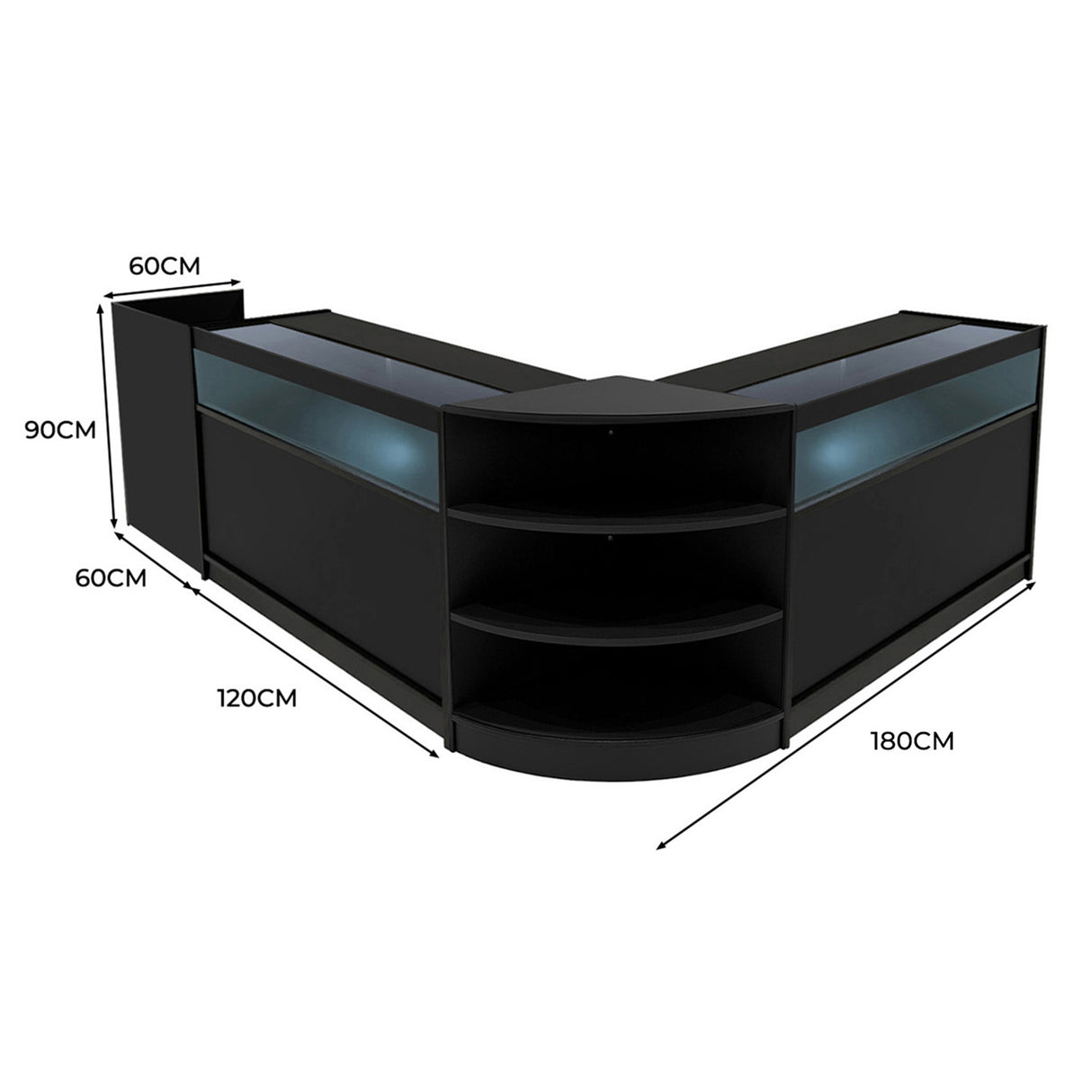 Set banconi LED in nero, design angolare con ripiani, misure 60x120x90 cm, ideale per negozi e spazi commerciali moderni