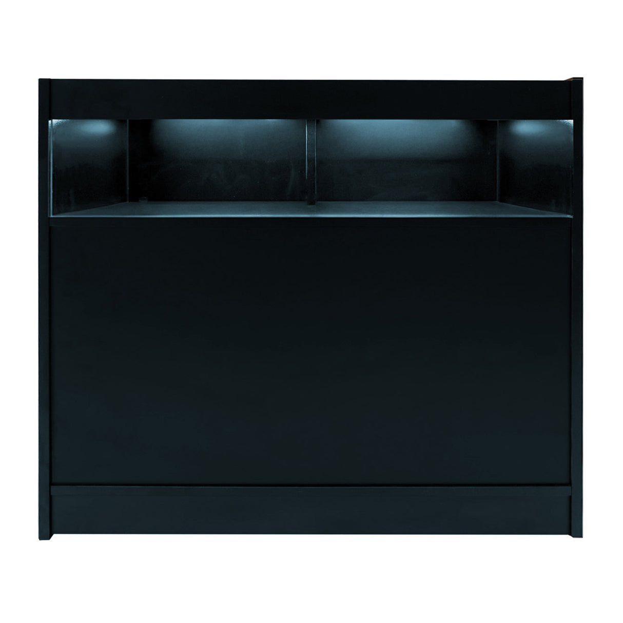 Bancone LED Sagittarius in nero, design moderno con illuminazione blu, superficie liscia e linee eleganti, ideale per spazi commerciali