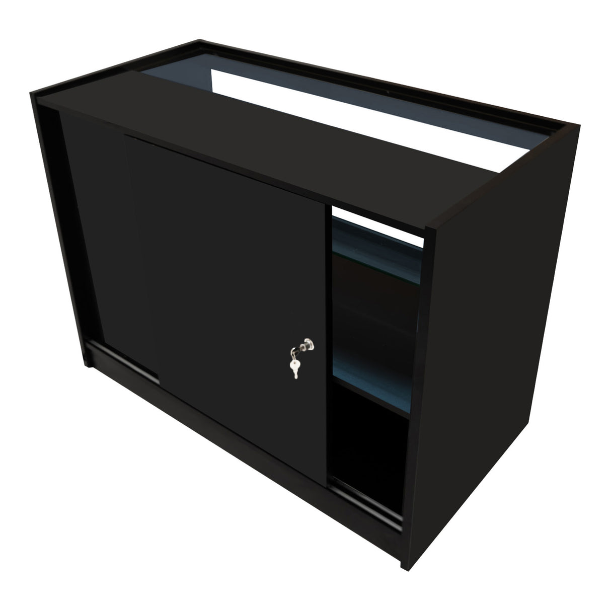 Bancone nero con illuminazione LED, ante scorrevoli e ripiani interni, design elegante e moderno, ideale per spazi commerciali