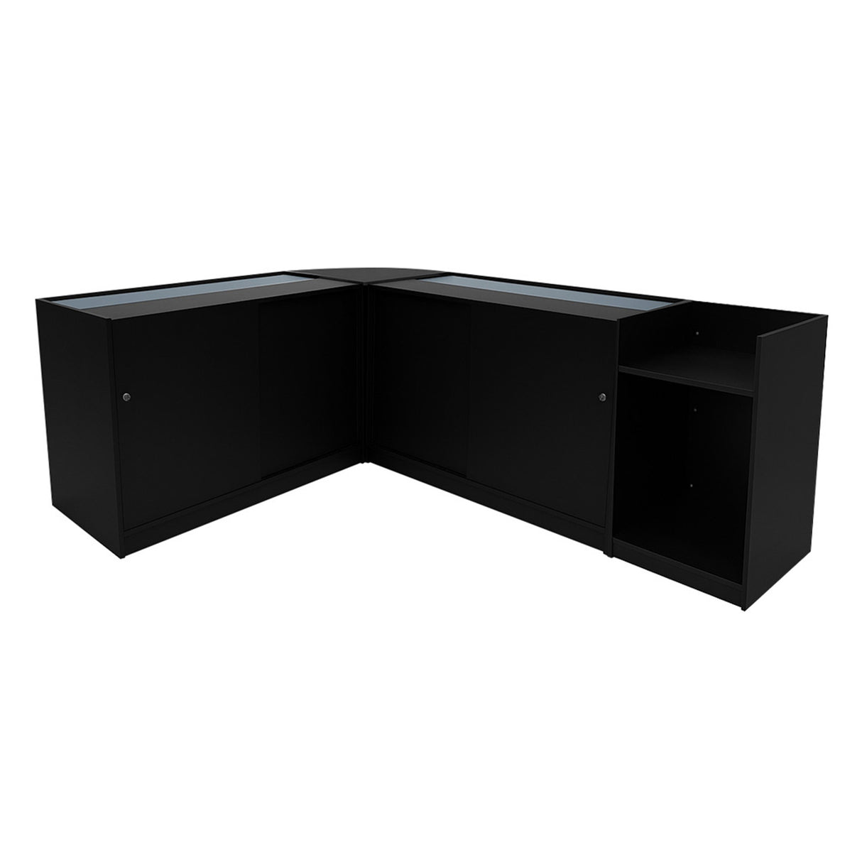 Set banconi angolari neri con illuminazione LED, superfici lisce e vetro, design moderno e funzionale per spazi espositivi