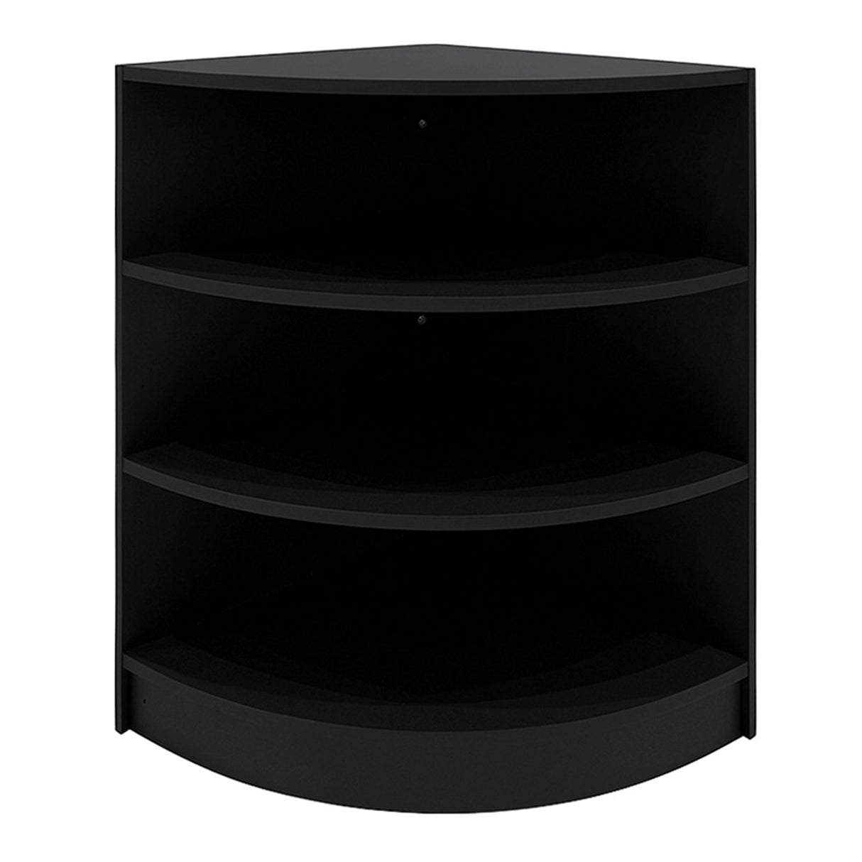 Set banconi angolari neri con illuminazione LED, design moderno, tre ripiani curvi, finitura liscia e opaca, ideale per spazi eleganti