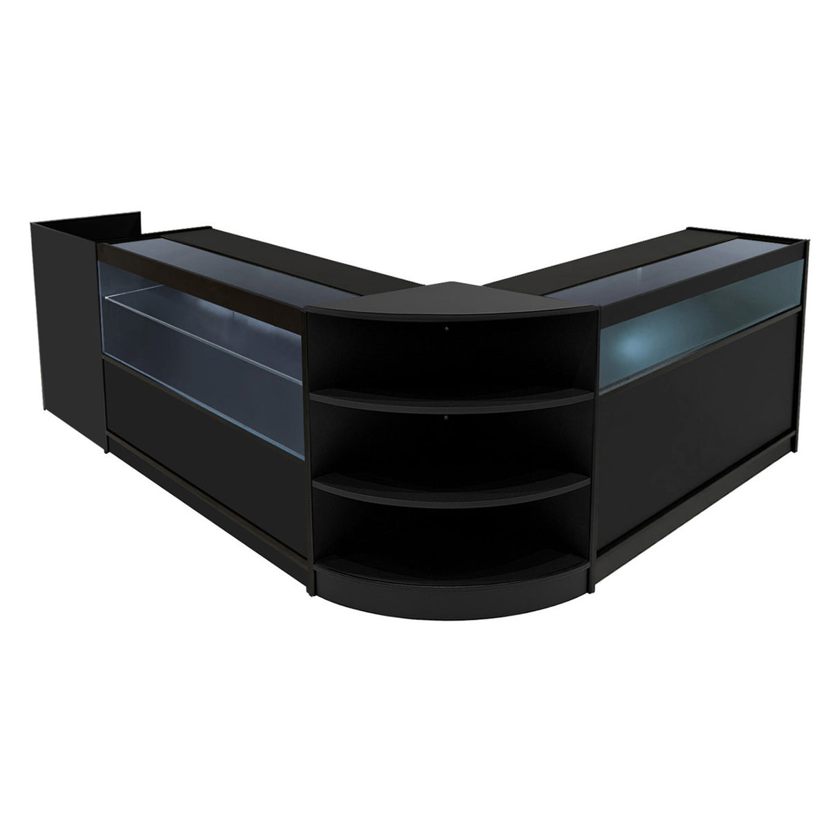 Set di banconi neri con illuminazione LED, design moderno, superfici lucide e ripiani aperti per esposizione e stoccaggio